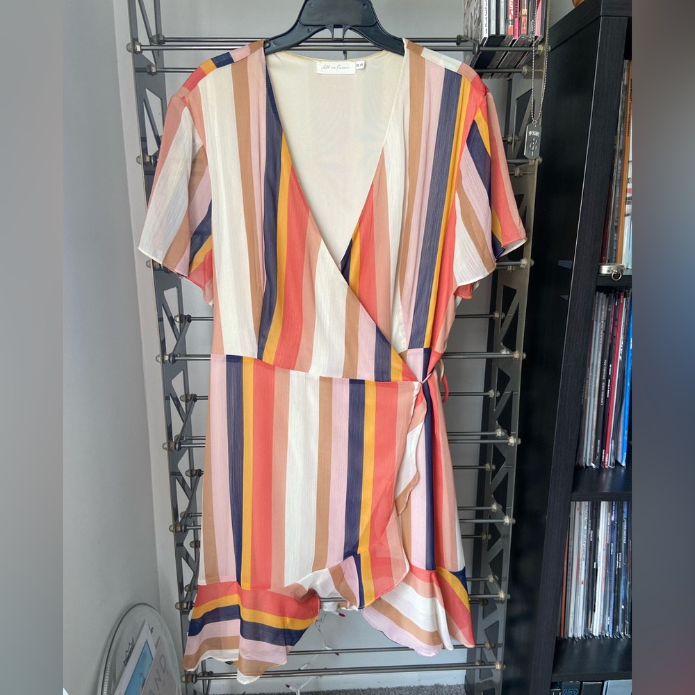 Striped wrap dress sheer overlay/sleeves